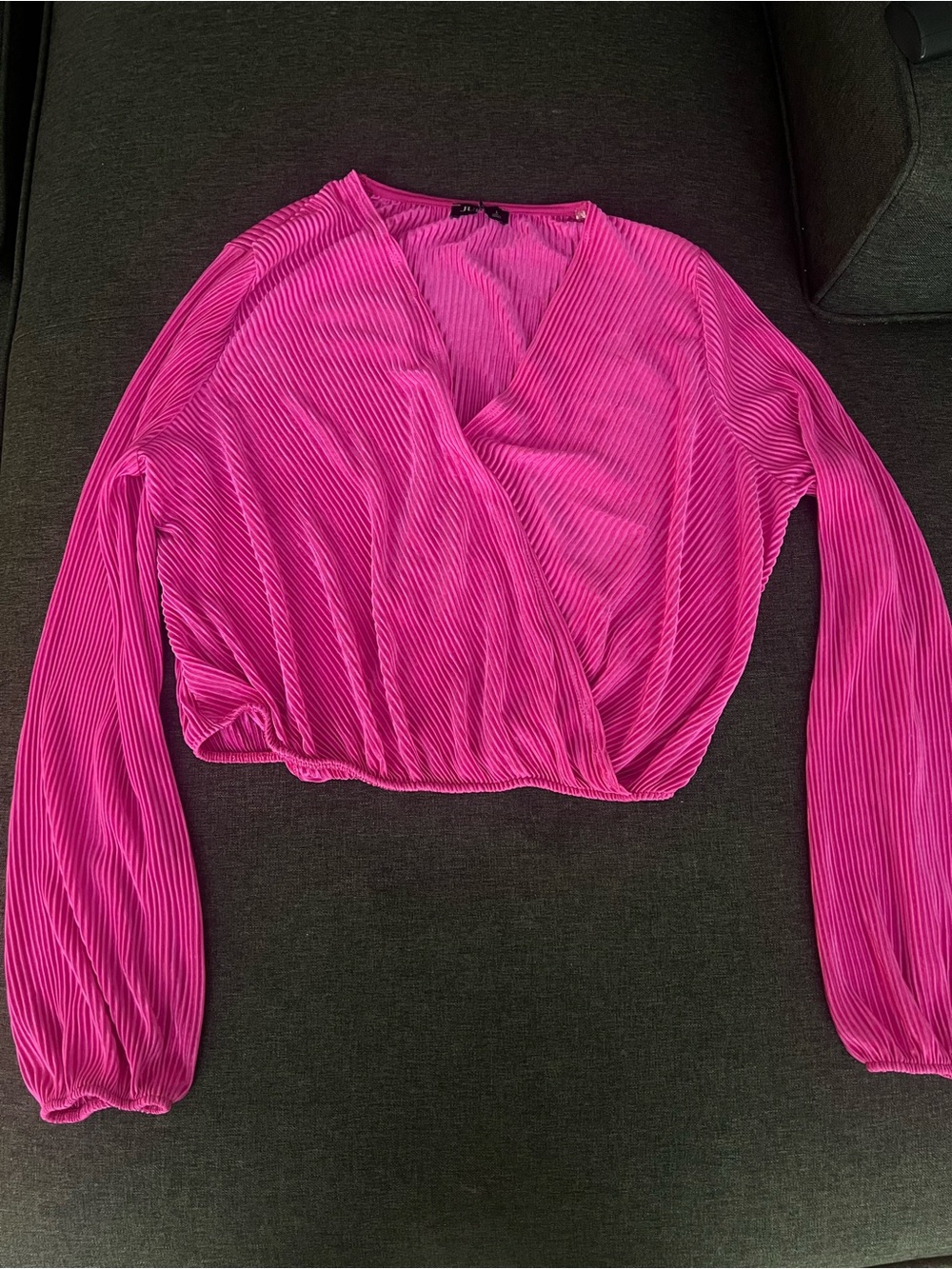 Pleated Surplice Long-Sleeve Blouse in Bright Fuchsia